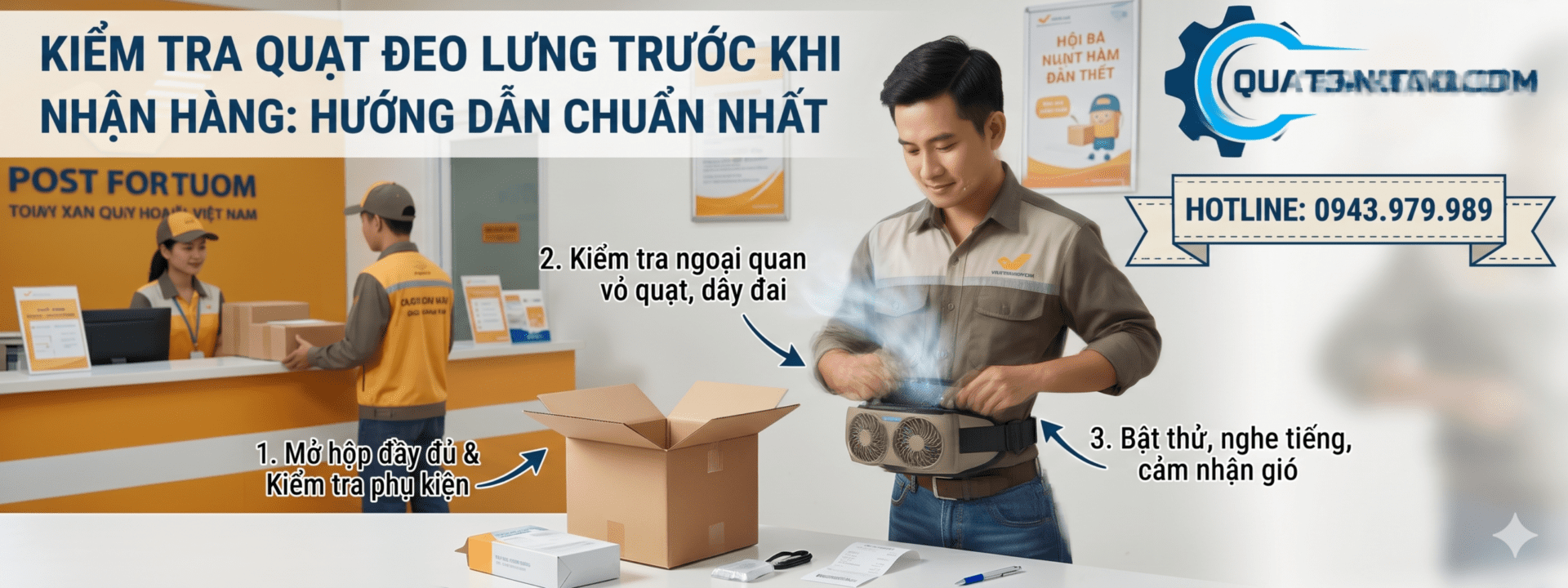 Chi tiết cách kiểm tra ngoại hình, pin, sạc và tốc độ gió của quạt đeo hông trước khi thanh toán.