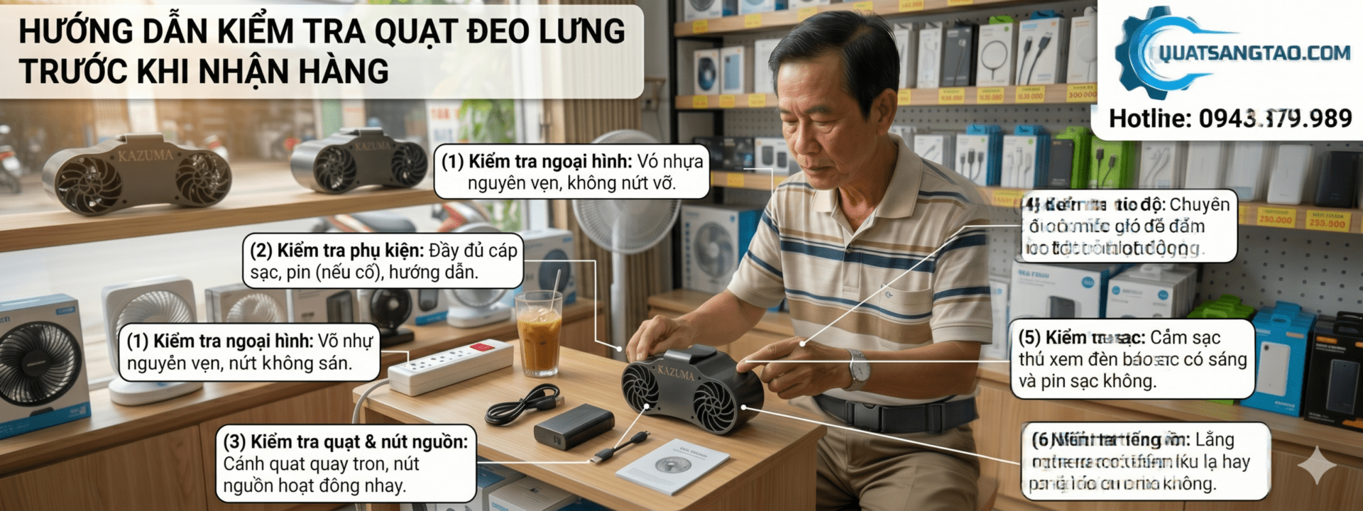 Hướng dẫn 6 bước kiểm tra quạt đeo lưng, quạt gắn hông Kazuma chuẩn nhất trước khi nhận hàng từ Quạt Sáng Tạo.