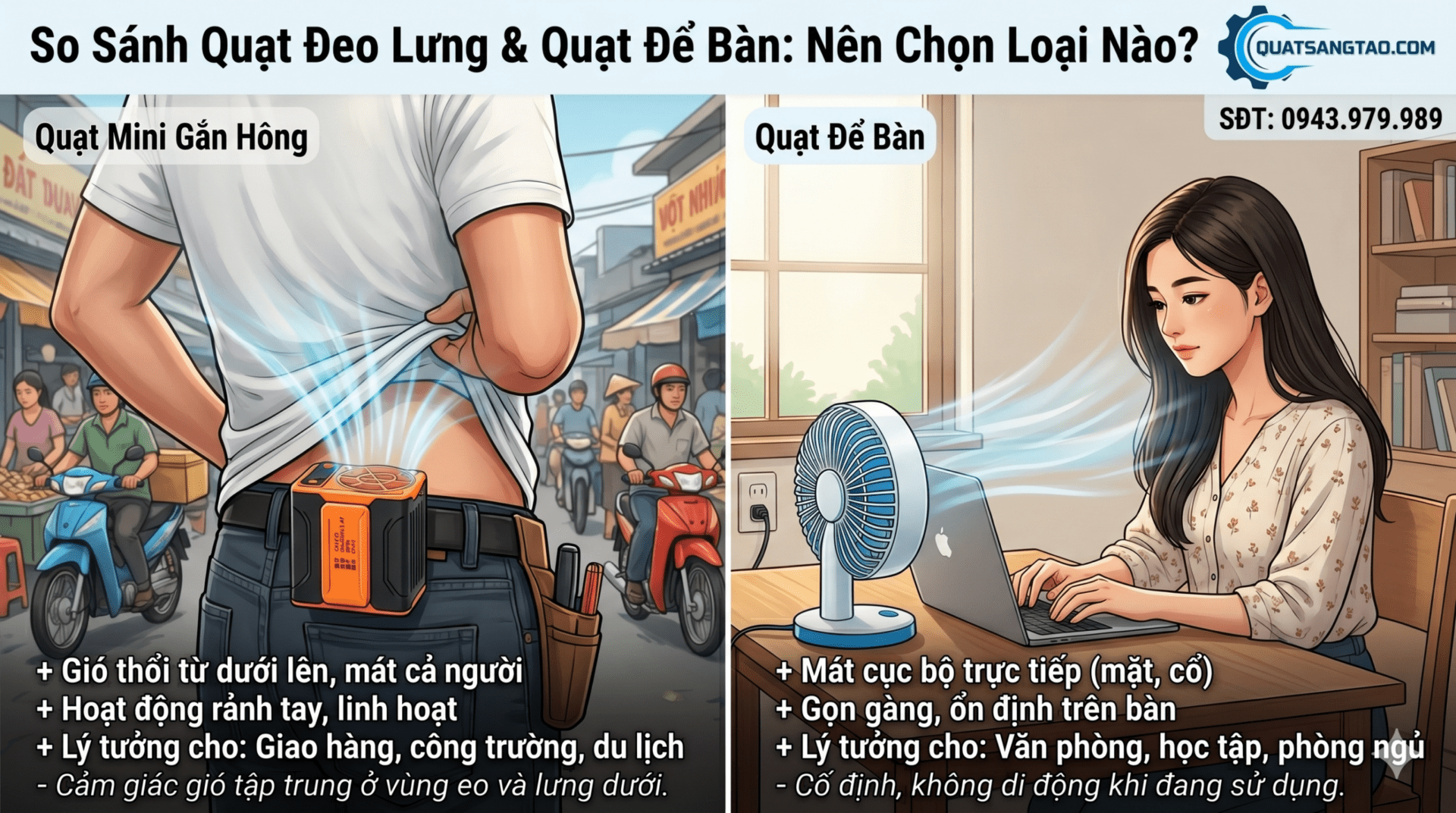 Đánh giá và so sánh chi tiết ưu nhược điểm của quạt đeo lưng và quạt để bàn.