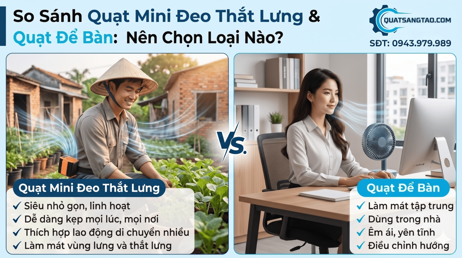 Đánh giá và so sánh chi tiết ưu nhược điểm của quạt đeo lưng và quạt để bàn.