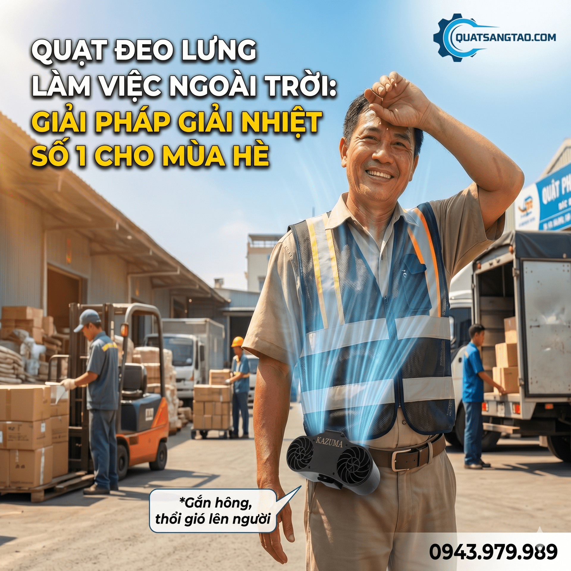 Quạt đeo lưng Kazuma thiết kế thông minh gắn ở hông, thổi gió trực tiếp lên người giúp shipper và người lao động ngoài trời giải nhiệt hiệu quả. Hotline đặt hàng: 0943.979.989
