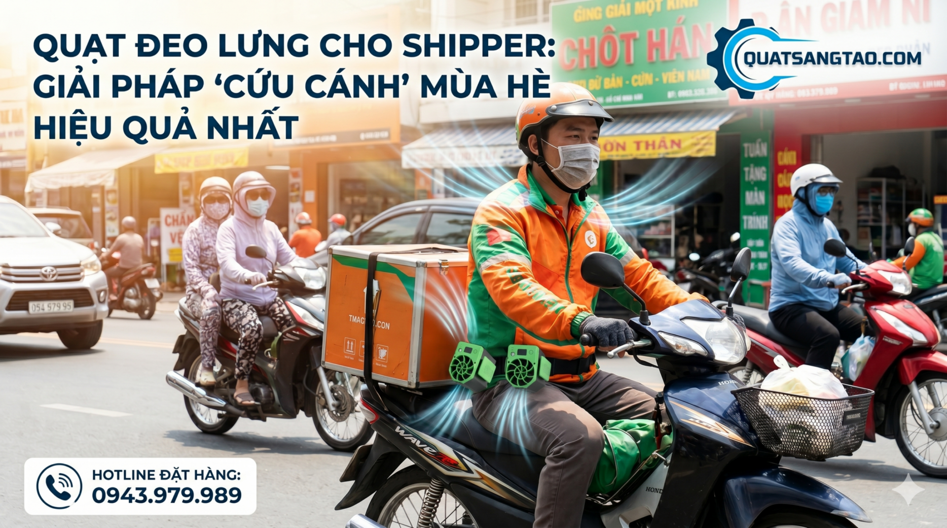 Shipper giao hàng sử dụng quạt gắn hông mini để làm mát giữa trời nắng nóng mùa hè tại Việt Nam.