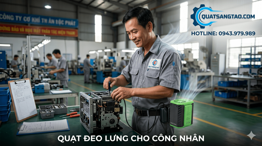 Hình ảnh công nhân cơ khí đang làm việc tại xưởng và sử dụng quạt đeo lưng Kazuma