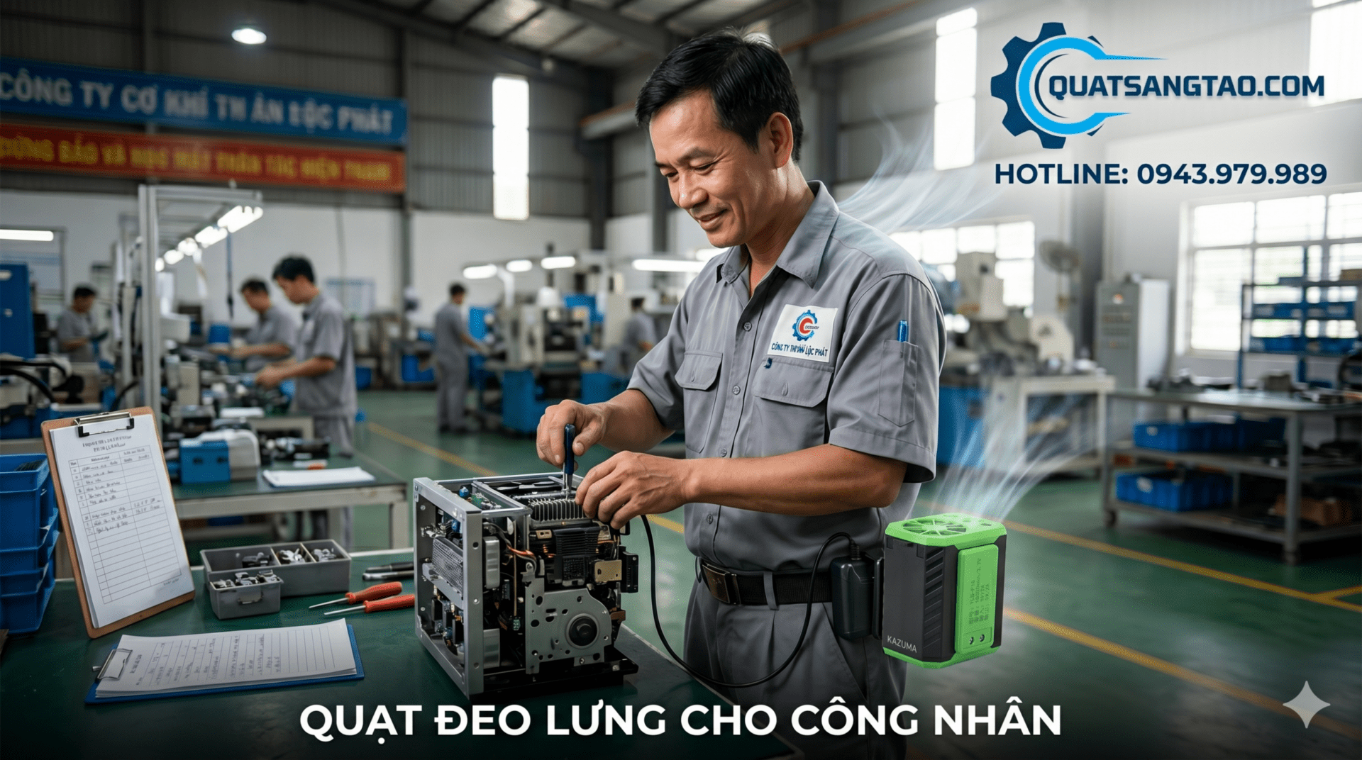 Hình ảnh công nhân cơ khí đang làm việc tại xưởng và sử dụng quạt đeo lưng Kazuma