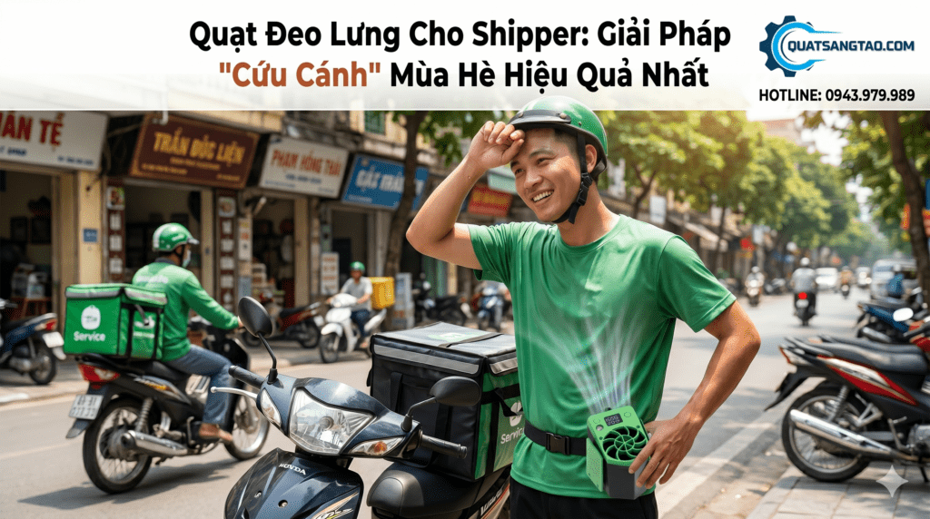 Shipper giao hàng sử dụng quạt gắn hông mini để làm mát giữa trời nắng nóng mùa hè tại Việt Nam.