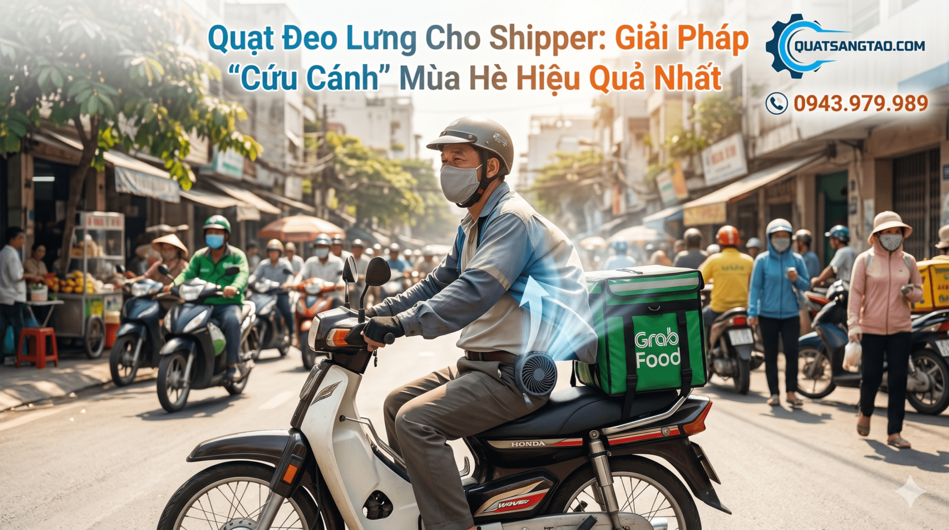 Shipper giao hàng sử dụng quạt gắn hông mini để làm mát giữa trời nắng nóng mùa hè tại Việt Nam.